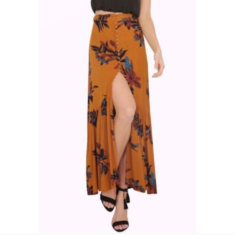 Yellow Floral Button Front Skirt